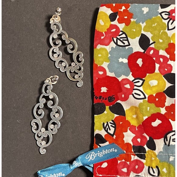 Brighton Pierced Earrings Silver Swirls Clear Crystals Accents Bag & Cloth  Incl - Picture 2 of 3